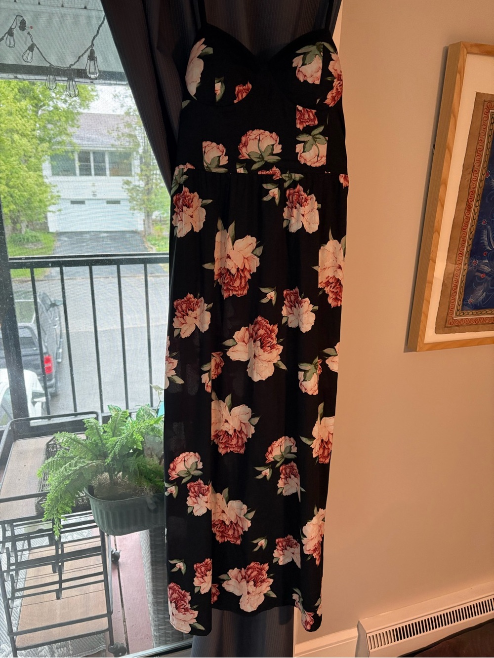 Floral Strapless Maxi Dress - Black with Pink Blooms